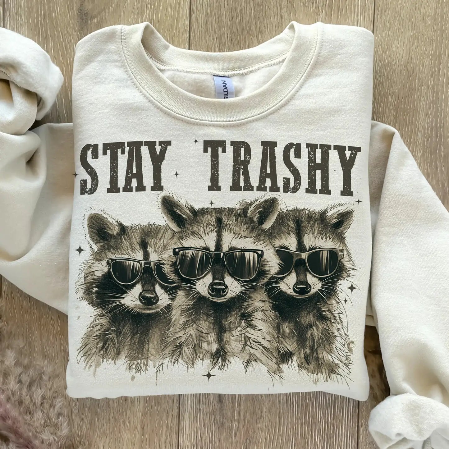 Feral Stay Trashy Raccoon Tees -Sweatshirts : Sand / L / Sweatshirt