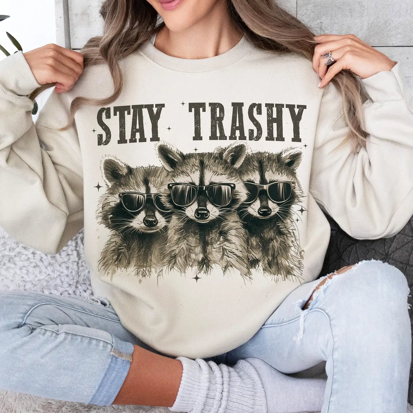 Feral Stay Trashy Raccoon Tees -Sweatshirts : Sand / L / Sweatshirt