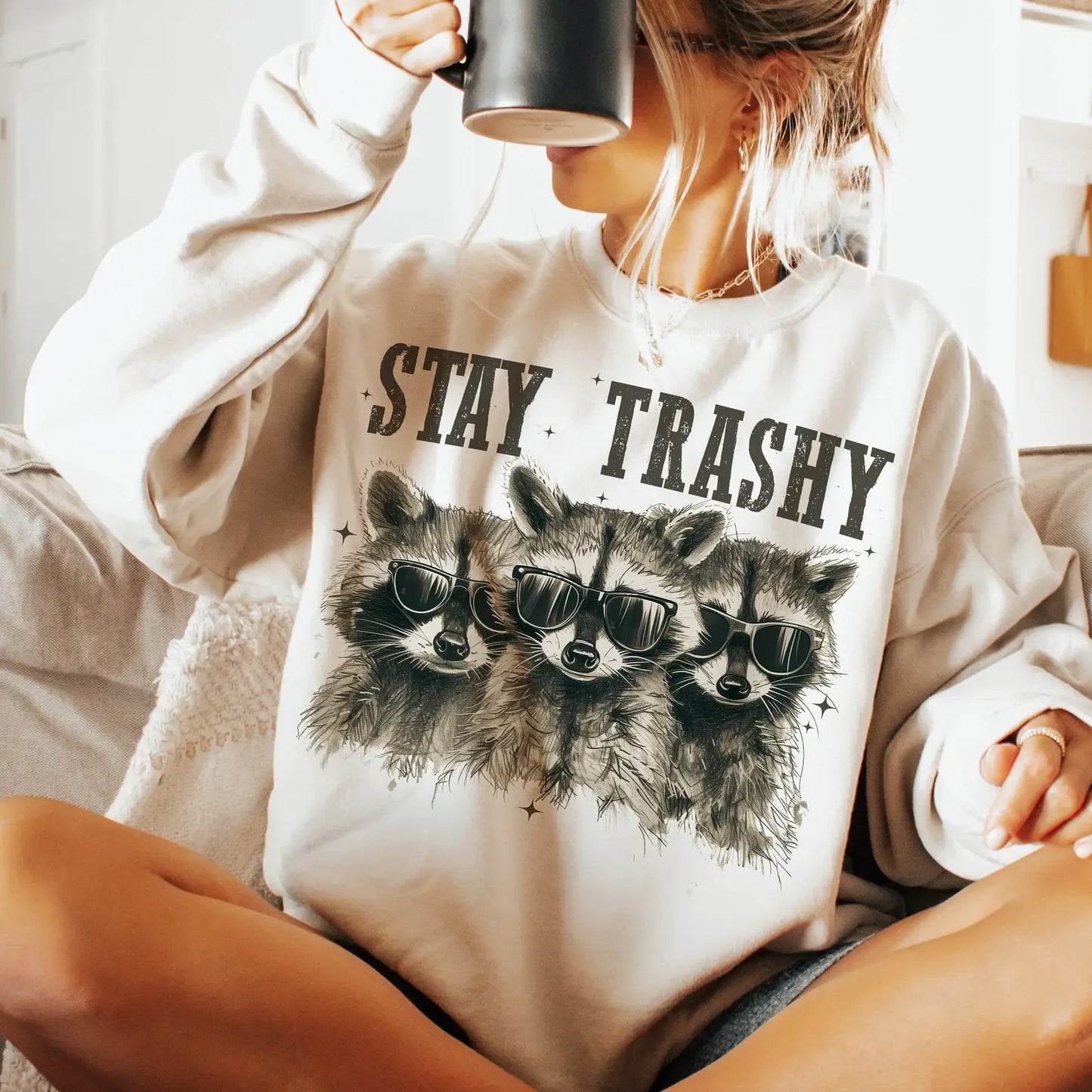 Feral Stay Trashy Raccoon Tees -Sweatshirts : Sand / L / Sweatshirt